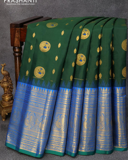 Pure gadwal silk saree green and cs blue with allover zari woven buttas and long rich zari woven annam border - {{ collection.title }} by Prashanti Sarees