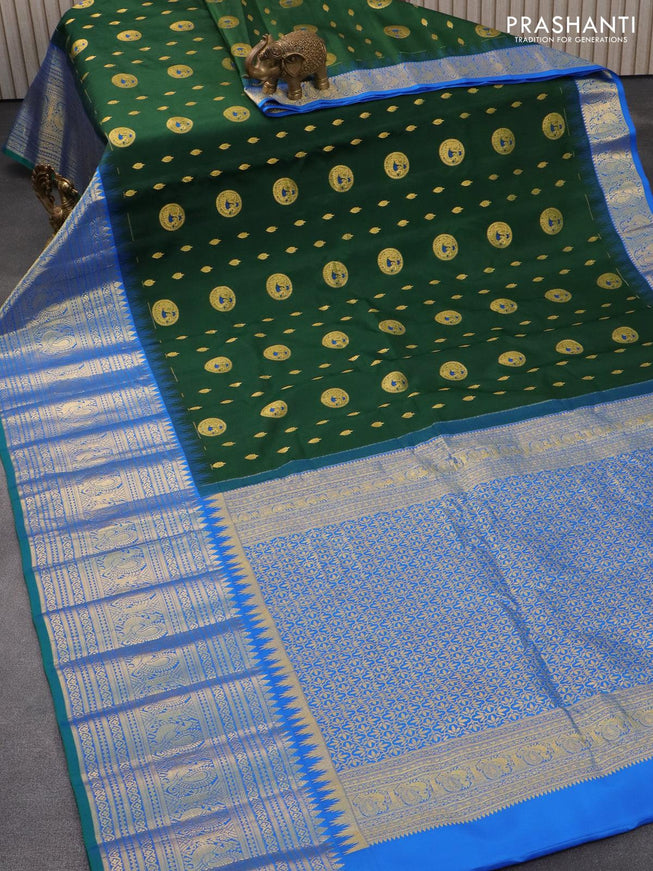 Pure gadwal silk saree green and cs blue with allover zari woven buttas and long rich zari woven annam border - {{ collection.title }} by Prashanti Sarees