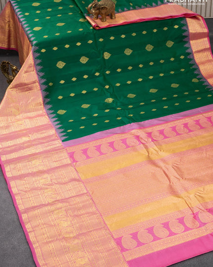 Pure gadwal silk saree green and light pink with allover zari woven buttas and temple design long annam zari woven border - {{ collection.title }} by Prashanti Sarees