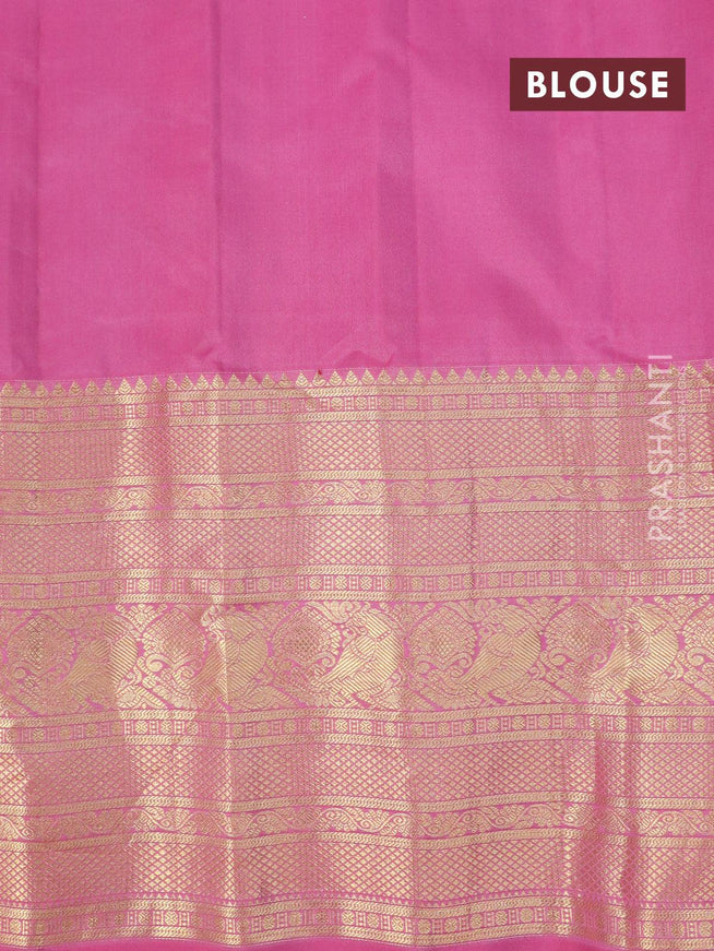 Pure gadwal silk saree green and light pink with allover zari woven buttas and temple design long annam zari woven border - {{ collection.title }} by Prashanti Sarees
