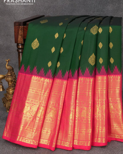 Pure gadwal silk saree green and pink with zari woven buttas and temple design long zari woven annam border - {{ collection.title }} by Prashanti Sarees