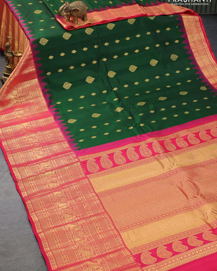 Pure gadwal silk saree green and pink with zari woven buttas and temple design long zari woven annam border - {{ collection.title }} by Prashanti Sarees