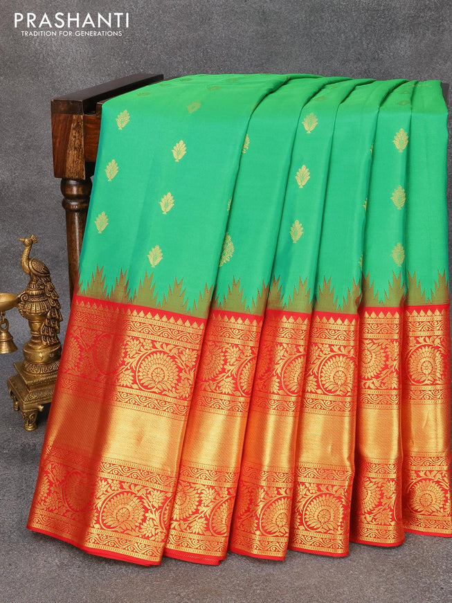 Pure gadwal silk saree green and red with allover zari woven buttas and temple design long zari woven floral border - {{ collection.title }} by Prashanti Sarees