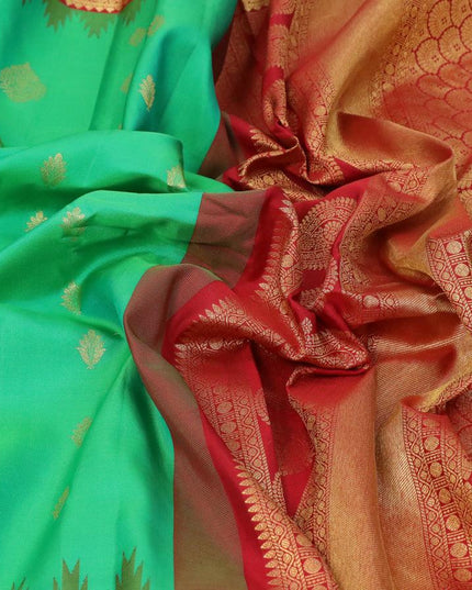 Pure gadwal silk saree green and red with allover zari woven buttas and temple design long zari woven floral border - {{ collection.title }} by Prashanti Sarees
