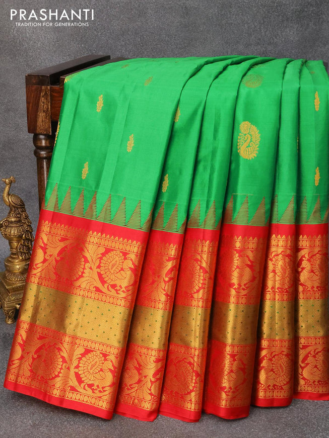 Pure gadwal silk saree green and red with zari woven buttas and temple design long annam zari woven border - {{ collection.title }} by Prashanti Sarees