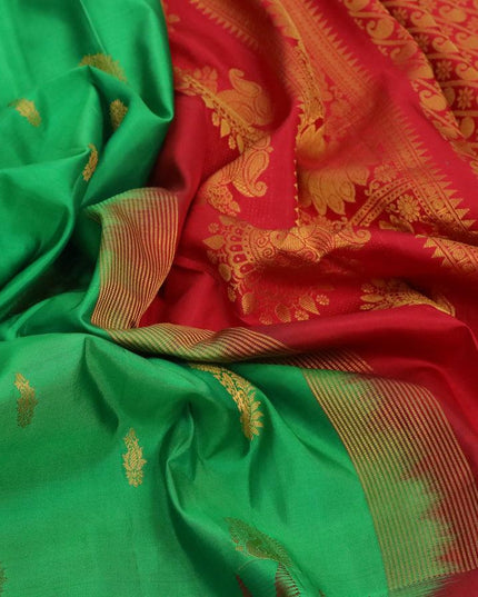 Pure gadwal silk saree green and red with zari woven buttas and temple design long annam zari woven border - {{ collection.title }} by Prashanti Sarees