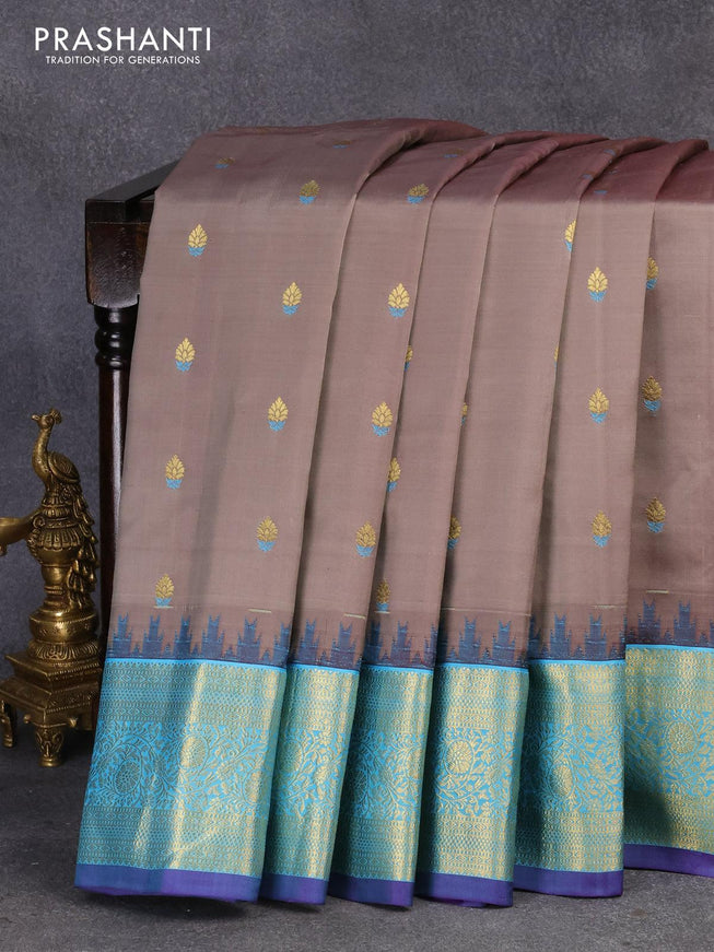 Pure gadwal silk saree greyish brown and light blue with zari woven buttas and temple design zari woven border - {{ collection.title }} by Prashanti Sarees