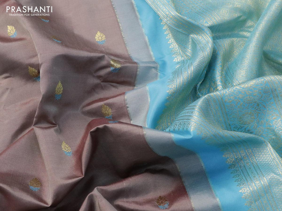 Pure gadwal silk saree greyish brown and light blue with zari woven buttas and temple design zari woven border - {{ collection.title }} by Prashanti Sarees