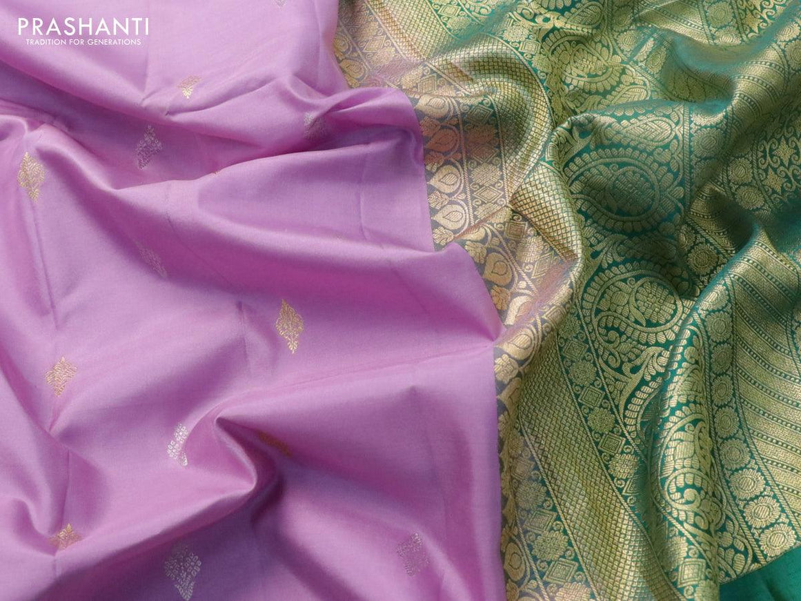 Pure gadwal silk saree lavender shade and teal green with silver & gold zari woven buttas and temple design zari woven border - {{ collection.title }} by Prashanti Sarees