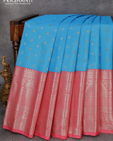 Pure gadwal silk saree light blue and light pink with allover silver & gold zari woven buttas and long silver zari woven border - {{ collection.title }} by Prashanti Sarees