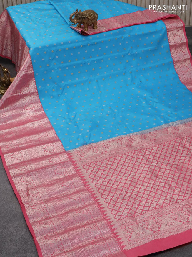 Pure gadwal silk saree light blue and light pink with allover silver & gold zari woven buttas and long silver zari woven border - {{ collection.title }} by Prashanti Sarees