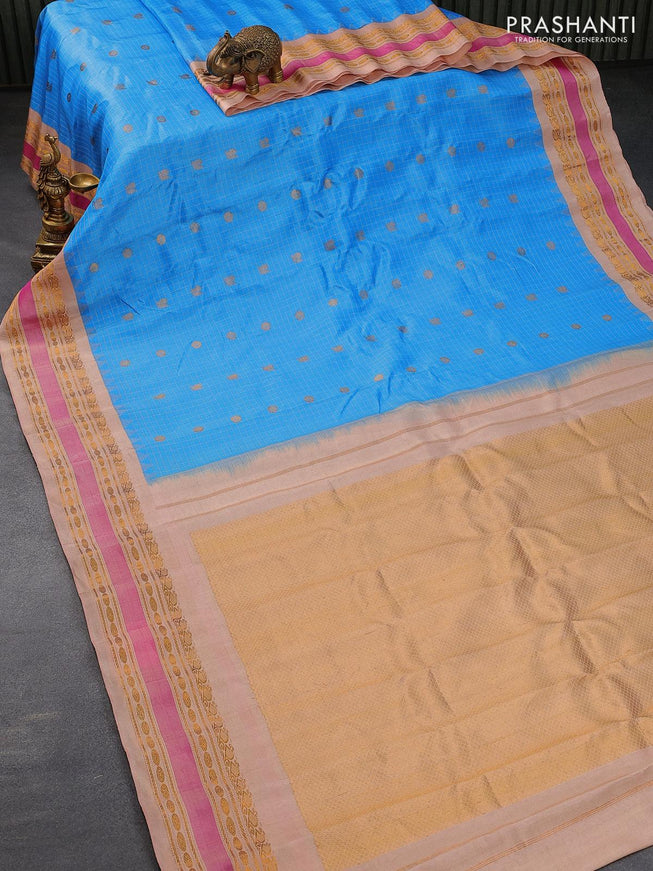 Pure gadwal silk saree light blue and sandal with allover checked & buttas and zari woven border - {{ collection.title }} by Prashanti Sarees