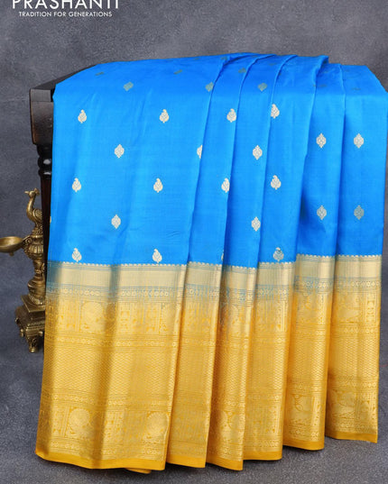 Pure gadwal silk saree light blue and yellow with zari woven buttas and long zari woven border - {{ collection.title }} by Prashanti Sarees