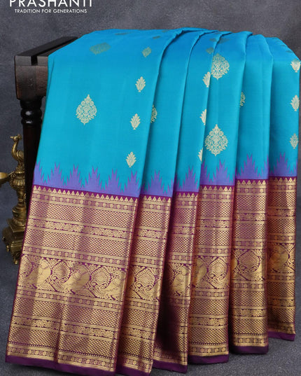 Pure gadwal silk saree light bluer and deep purple with zari woven buttas and temple design long annam zari woven border - {{ collection.title }} by Prashanti Sarees
