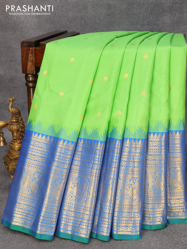 Pure gadwal silk saree light green and cs blue with allover zari woven floral buttas and temple woven long zari woven border-PBR3640 - {{ collection.title }} by Prashanti Sarees