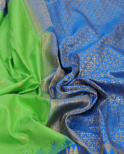 Pure gadwal silk saree light green and cs blue with allover zari woven floral buttas and temple woven long zari woven border-PBR3640 - {{ collection.title }} by Prashanti Sarees