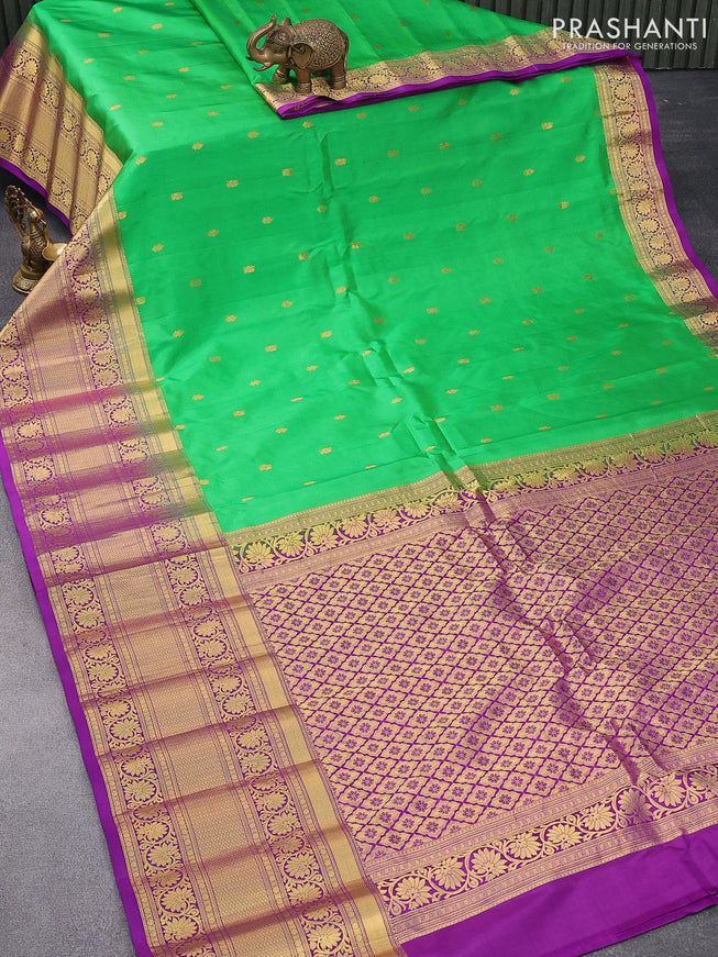 Pure gadwal silk saree light green and deep purple with zari woven buttas and long zari woven floral design zari border - {{ collection.title }} by Prashanti Sarees
