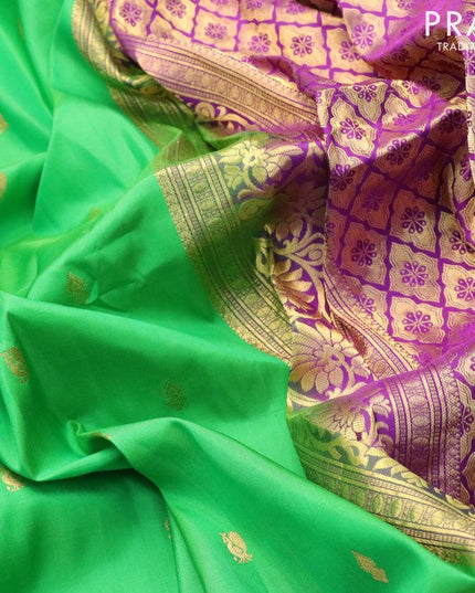 Pure gadwal silk saree light green and deep purple with zari woven buttas and long zari woven floral design zari border - {{ collection.title }} by Prashanti Sarees