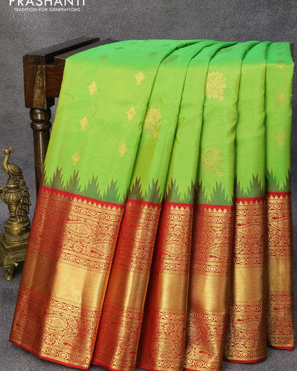 Pure gadwal silk saree light green and red with allover zari woven buttas and temple design long rich zari woven border - {{ collection.title }} by Prashanti Sarees