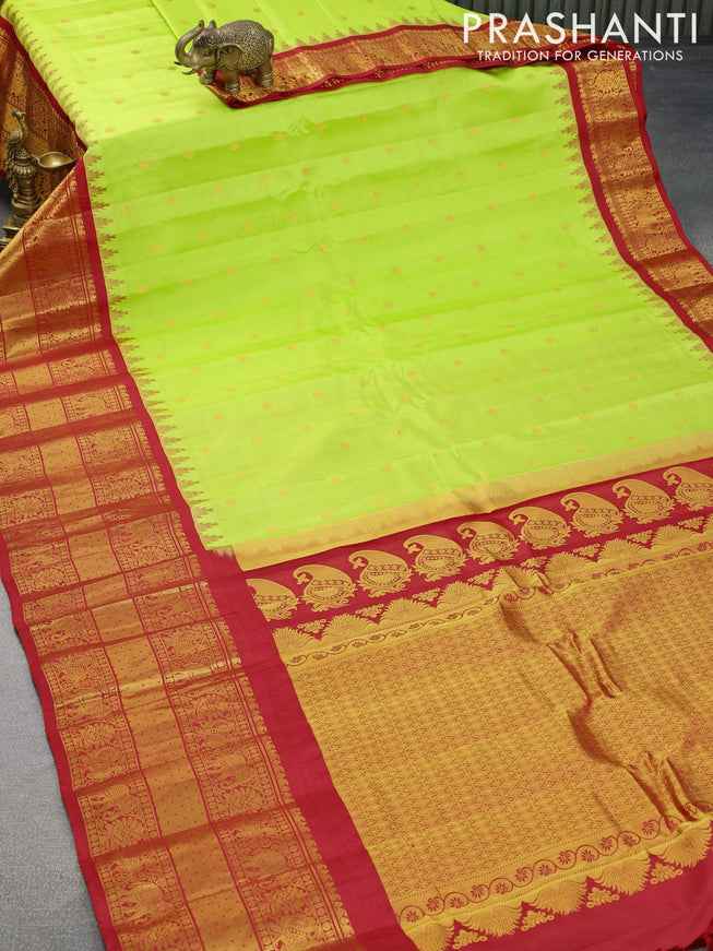 Pure gadwal silk saree light green and red with allover zari woven buttas and temple design long zari woven border - {{ collection.title }} by Prashanti Sarees