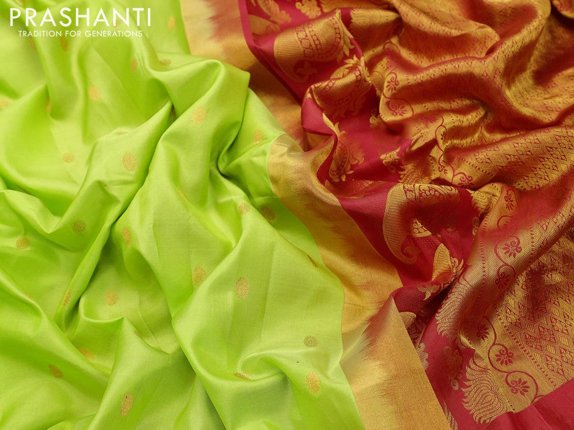 Pure gadwal silk saree light green and red with allover zari woven buttas and temple design long zari woven border - {{ collection.title }} by Prashanti Sarees