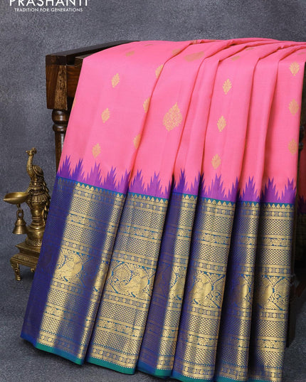 Pure gadwal silk saree light pink and dual shade of bluish green with zari woven buttas and temple design long zari woven annam border - {{ collection.title }} by Prashanti Sarees