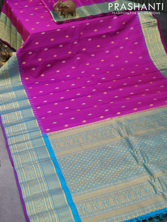 Pure gadwal silk saree magenta pink and cs blue with silver & gold zari woven buttas and temple design long zari woven border - {{ collection.title }} by Prashanti Sarees