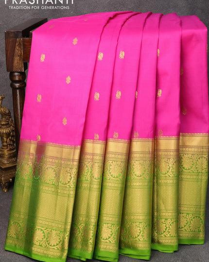 Pure gadwal silk saree magenta pink and light green with annam zari woven buttas and long zari woven floral design zari border - {{ collection.title }} by Prashanti Sarees