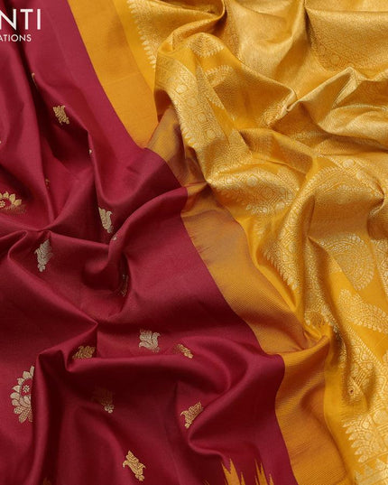 Pure gadwal silk saree maroon and mustard yellow with zari woven floral buttas and temple design long zari woven border - {{ collection.title }} by Prashanti Sarees
