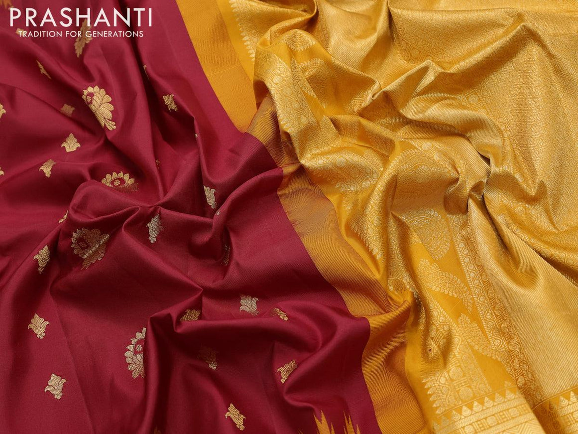 Pure gadwal silk saree maroon and mustard yellow with zari woven floral buttas and temple design long zari woven border - {{ collection.title }} by Prashanti Sarees