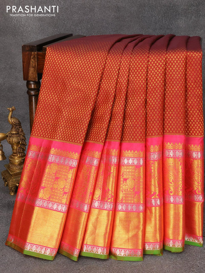 Pure gadwal silk saree maroon and pink with allover zari woven butta weaves and long zari woven border - {{ collection.title }} by Prashanti Sarees