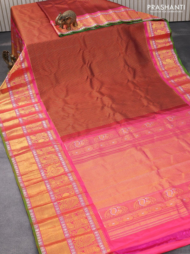 Pure gadwal silk saree maroon and pink with allover zari woven butta weaves and long zari woven border - {{ collection.title }} by Prashanti Sarees