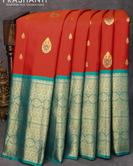 Pure gadwal silk saree orange and teal blue with zari woven buttas and long zari woven border - {{ collection.title }} by Prashanti Sarees