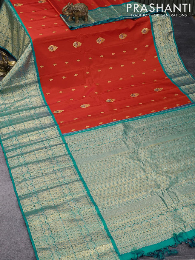 Pure gadwal silk saree orange and teal blue with zari woven buttas and long zari woven border - {{ collection.title }} by Prashanti Sarees