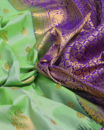 Pure gadwal silk saree pastel green and blue with annam zari woven buttas and temple design long zari woven border - {{ collection.title }} by Prashanti Sarees