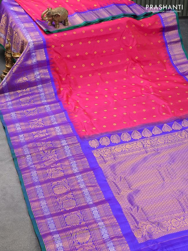 Pure gadwal silk saree pink and blue with allover zari woven buttas and temple design long rich zari woven border - {{ collection.title }} by Prashanti Sarees