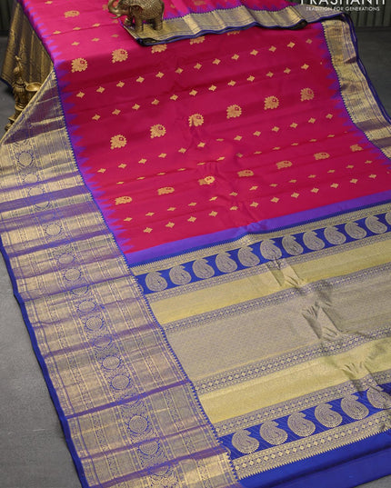 Pure gadwal silk saree pink and blue with allover zari woven buttas and temple design zari woven border - {{ collection.title }} by Prashanti Sarees
