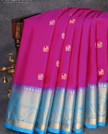 Pure gadwal silk saree pink and cs blue with silver & gold zari woven elephant buttas and long rich zari woven border and Butta style - {{ collection.title }} by Prashanti Sarees