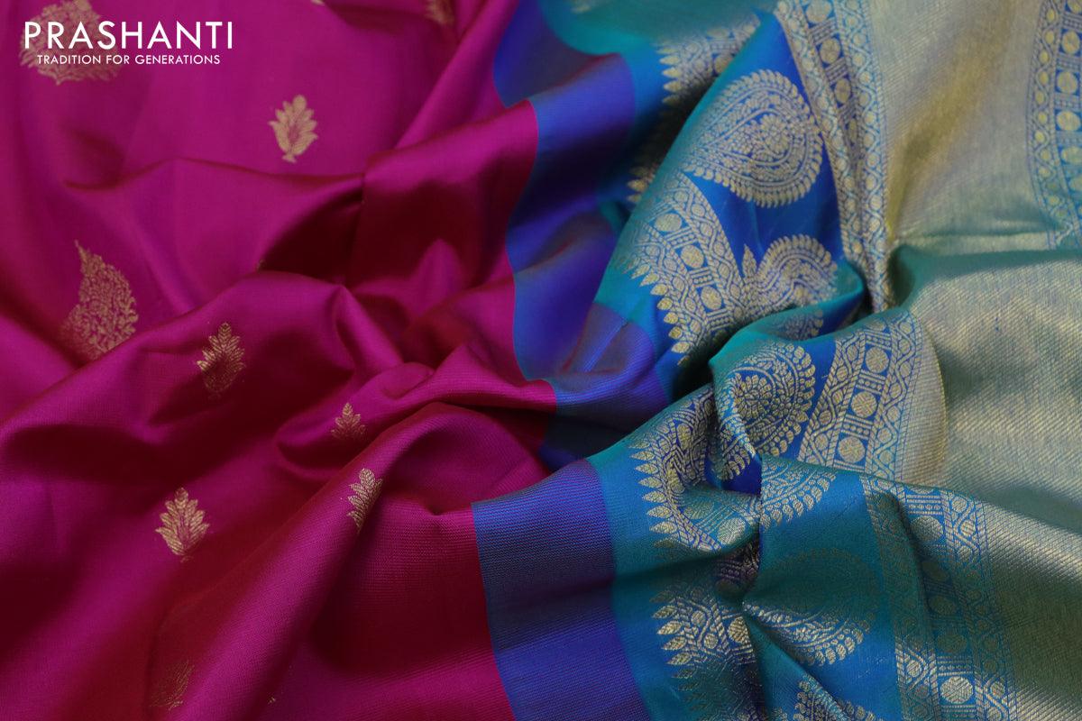 Pure gadwal silk saree pink and dual shade of bluish green with allover zari woven buttas and long rich floral zari woven border - {{ collection.title }} by Prashanti Sarees
