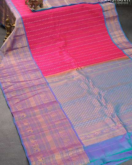 Pure gadwal silk saree pink and dual shade of cs blue with allover silver & gold zari weaves and long zari woven border - {{ collection.title }} by Prashanti Sarees
