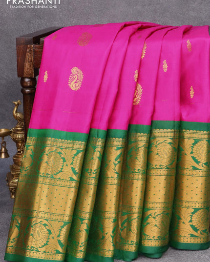 Pure gadwal silk saree pink and green with allover zari woven buttas and long rich annam zari woven border - {{ collection.title }} by Prashanti Sarees