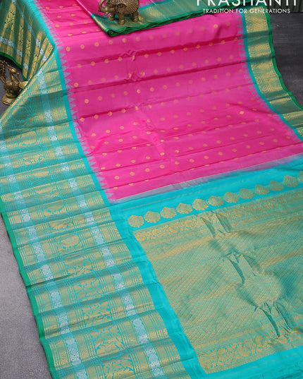 Pure gadwal silk saree pink and green with allover zari woven buttas and long zari woven border - {{ collection.title }} by Prashanti Sarees