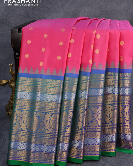 Pure gadwal silk saree pink and green with zari woven floral buttas and temple design long zari woven border - {{ collection.title }} by Prashanti Sarees