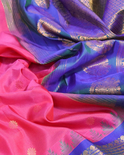 Pure gadwal silk saree pink and green with zari woven floral buttas and temple design long zari woven border - {{ collection.title }} by Prashanti Sarees