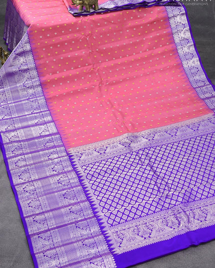 Pure gadwal silk saree pink and royal blue with allover silver & gold zari woven floral buttas and long silver zari woven border - {{ collection.title }} by Prashanti Sarees