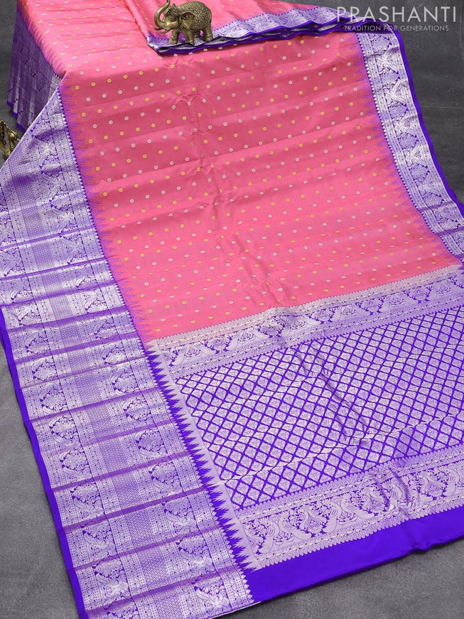 Pure gadwal silk saree pink and royal blue with allover silver & gold zari woven floral buttas and long silver zari woven border - {{ collection.title }} by Prashanti Sarees