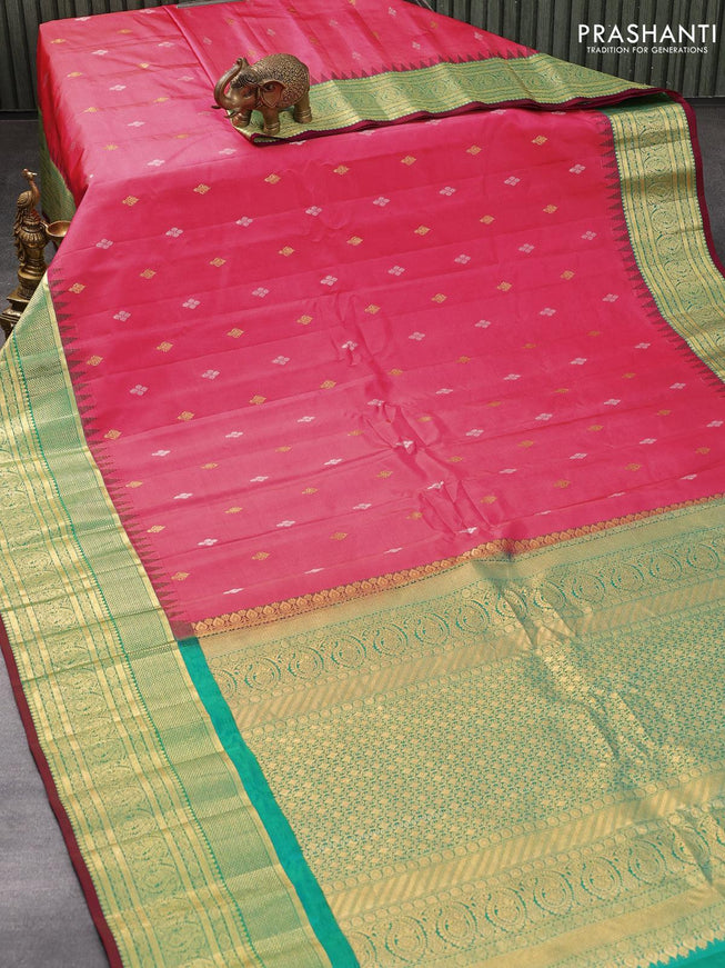 Pure gadwal silk saree pink shade and green with zari woven buttas and temple design zari woven border - {{ collection.title }} by Prashanti Sarees