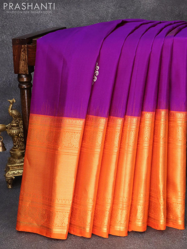 Pure gadwal silk saree purple and orange with silver & gold zari woven paisley buttas and zari woven border and Butta style - {{ collection.title }} by Prashanti Sarees