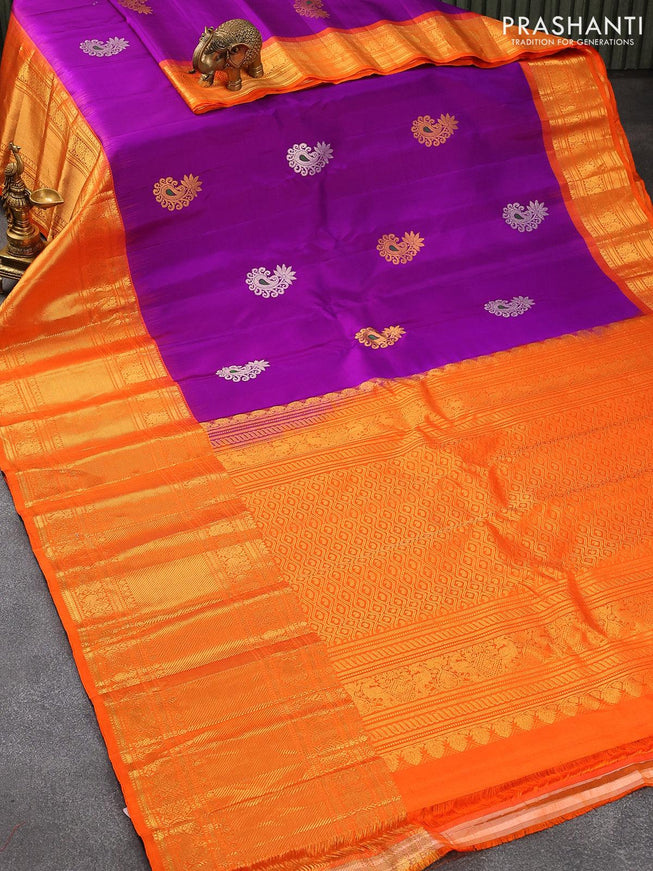 Pure gadwal silk saree purple and orange with silver & gold zari woven paisley buttas and zari woven border and Butta style - {{ collection.title }} by Prashanti Sarees