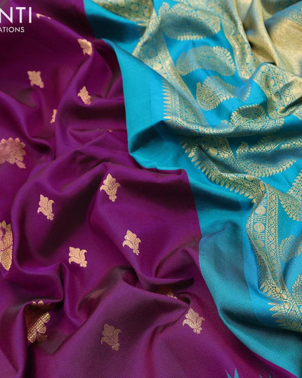 Pure gadwal silk saree purple and teal blue with zari woven buttas and temple design long zari woven border - {{ collection.title }} by Prashanti Sarees